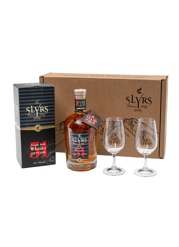 tasting gift 2nd SLYRS glasses - vol. Single incl. SLYRS Malt Whisky 0,7l 51% Fifty Box One Whisky SLYRS -